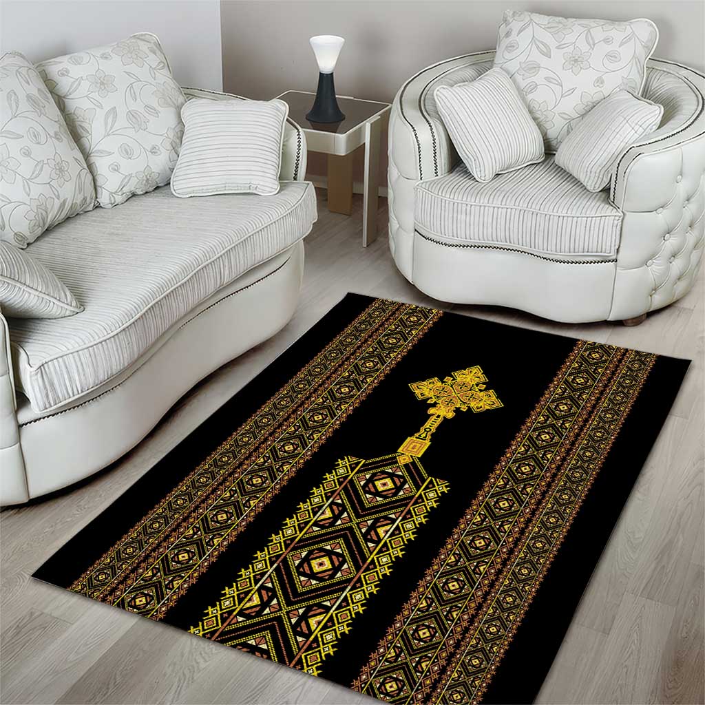Habesha Motifs Ethiopia Area Rug Tilet Black Gold LT7