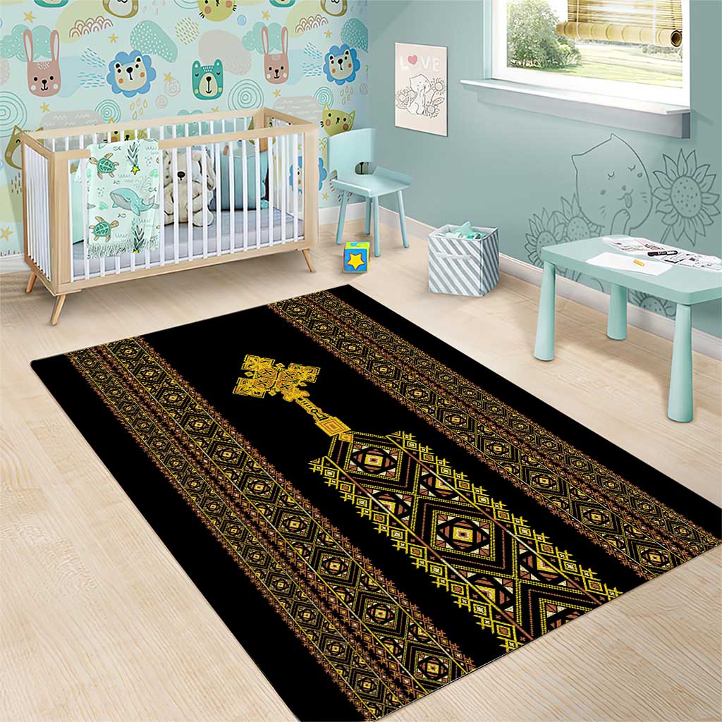 Habesha Motifs Ethiopia Area Rug Tilet Black Gold LT7