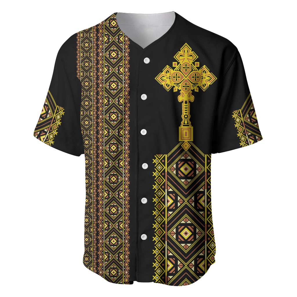 Habesha Motifs Ethiopia Baseball Jersey Tilet Black Gold LT7
