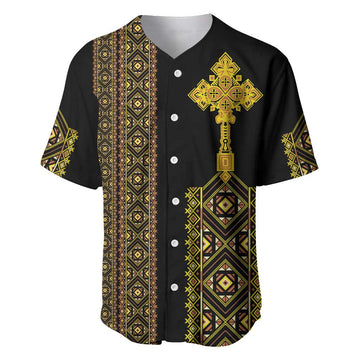 Habesha Motifs Ethiopia Baseball Jersey Tilet Black Gold LT7