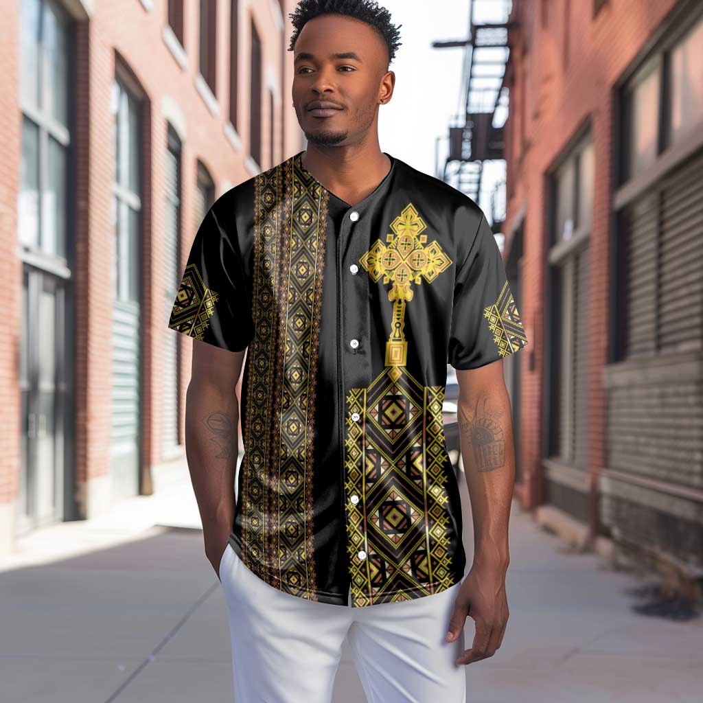 Habesha Motifs Ethiopia Baseball Jersey Tilet Black Gold LT7