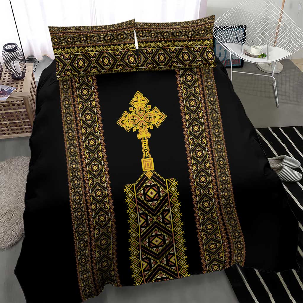 Habesha Motifs Ethiopia Bedding Set Tilet Black Gold LT7