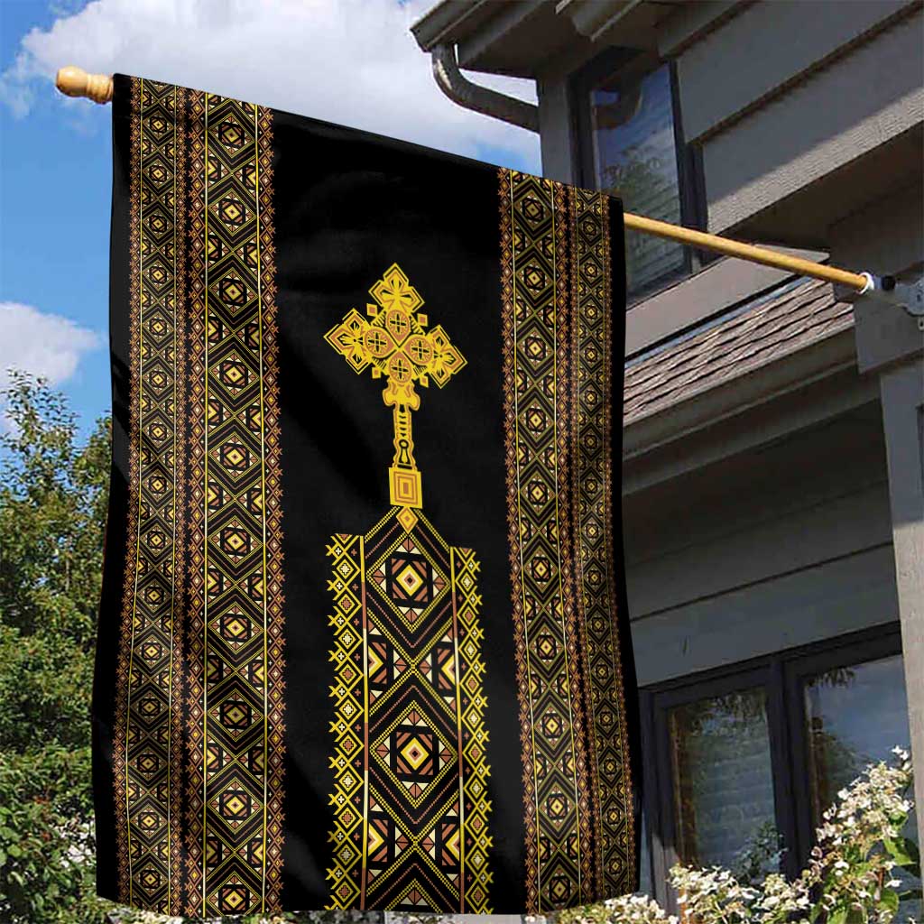 Habesha Motifs Ethiopia Garden Flag Tilet Black Gold LT7