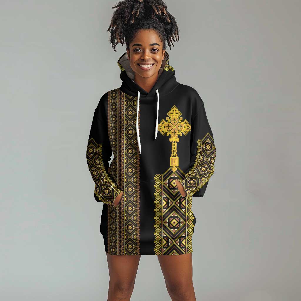 Habesha Motifs Ethiopia Hoodie Dress Tilet Black Gold LT7