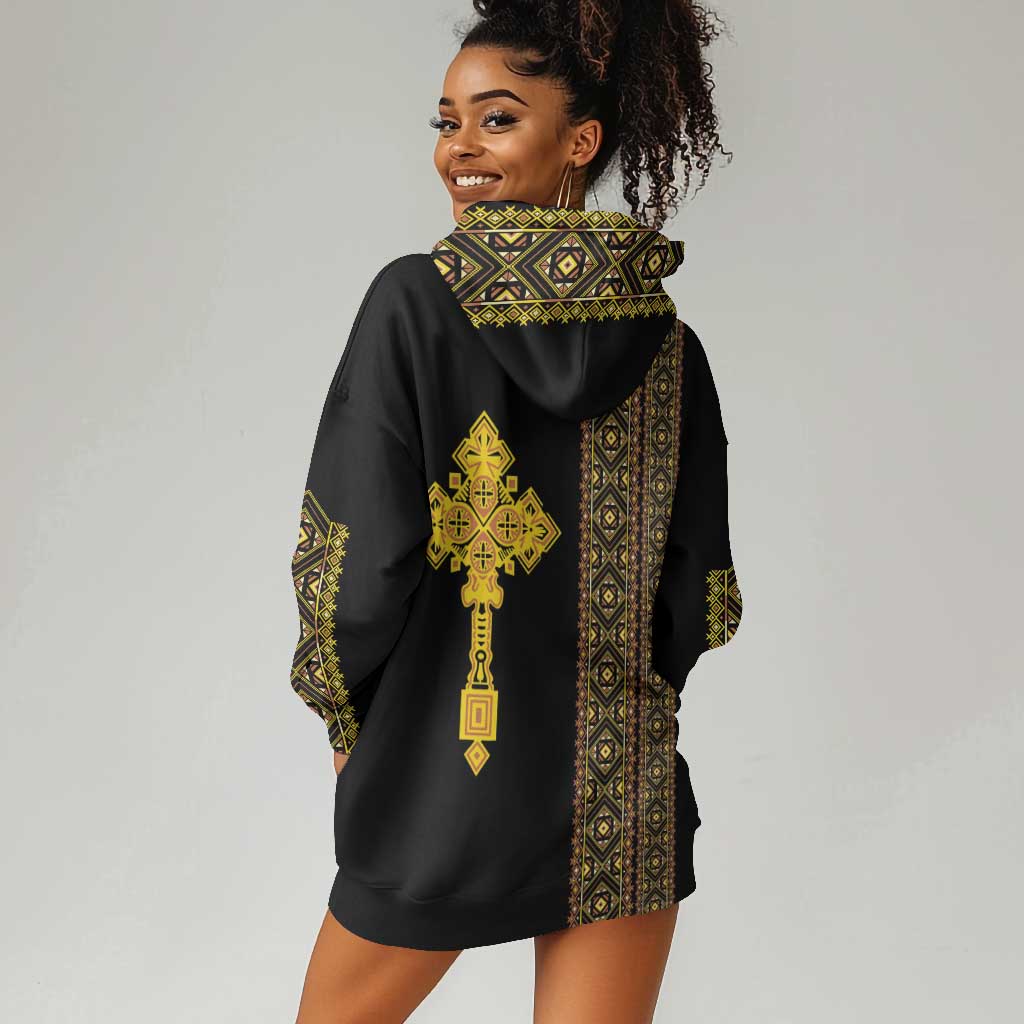 Habesha Motifs Ethiopia Hoodie Dress Tilet Black Gold LT7