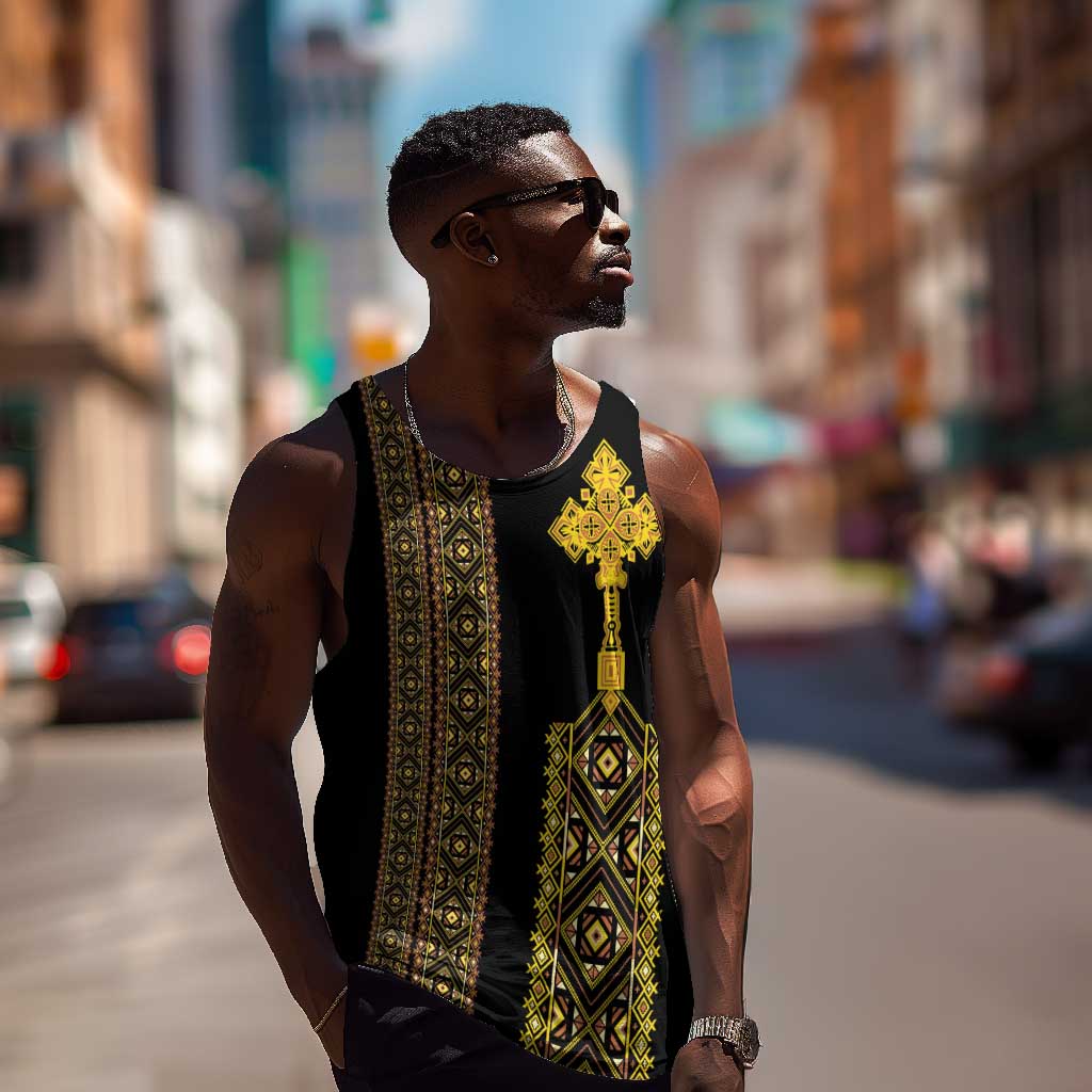 Habesha Motifs Ethiopia Men Tank Top Tilet Black Gold LT7