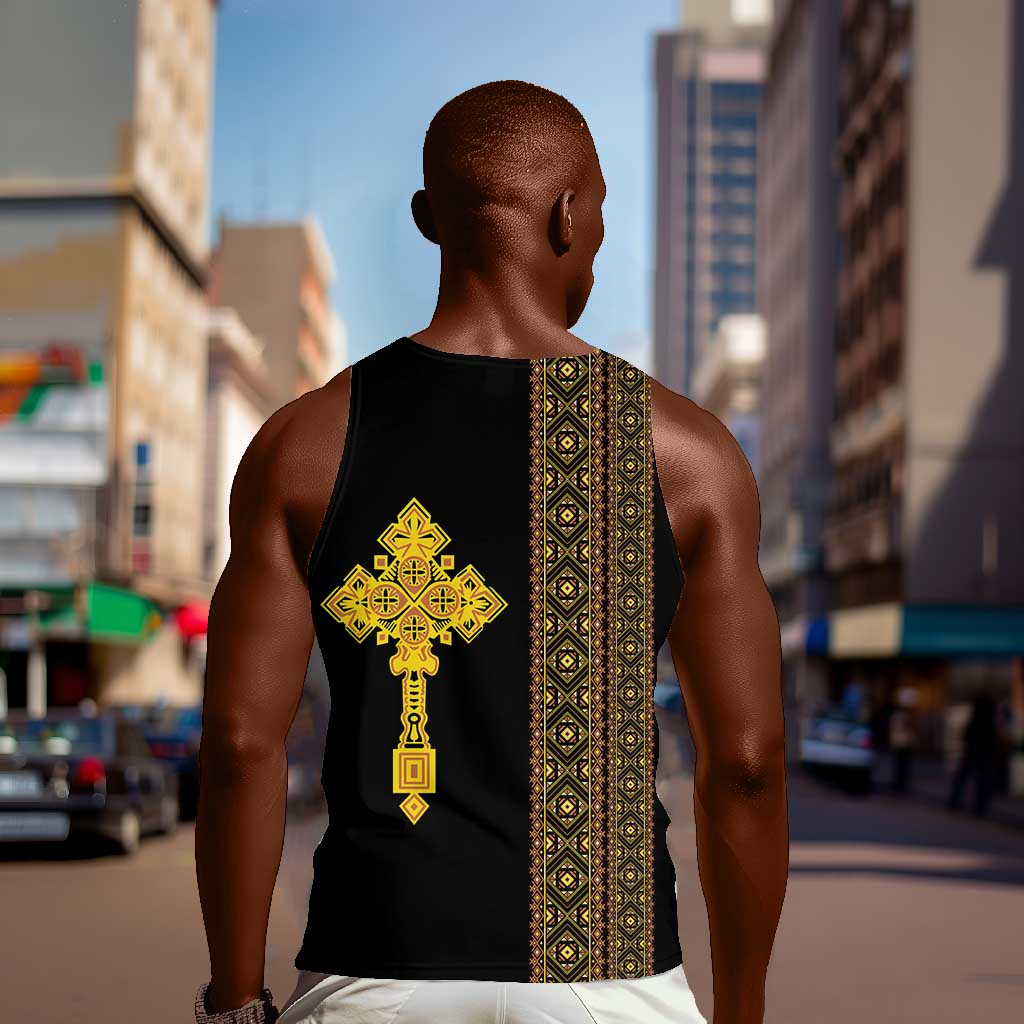 Habesha Motifs Ethiopia Men Tank Top Tilet Black Gold LT7