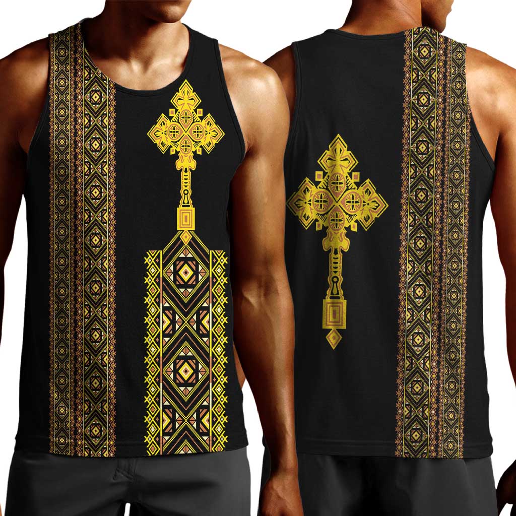 Habesha Motifs Ethiopia Men Tank Top Tilet Black Gold LT7