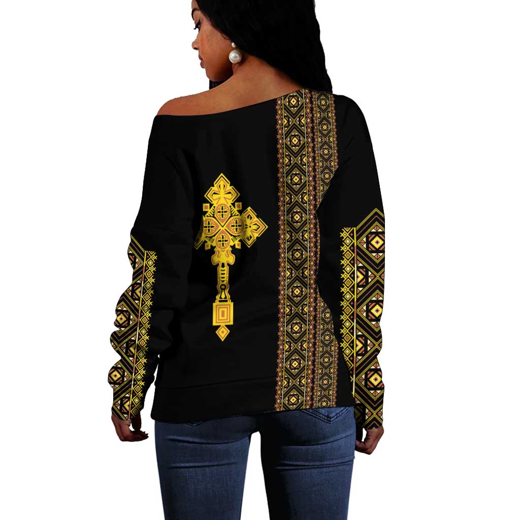 Habesha Motifs Ethiopia Off Shoulder Sweater Tilet Black Gold LT7