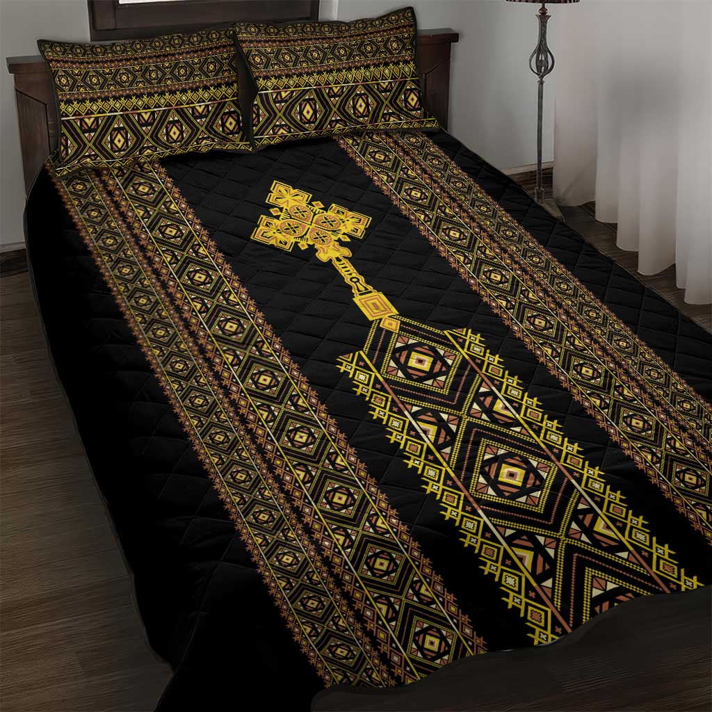 Habesha Motifs Ethiopia Quilt Bed Set Tilet Black Gold LT7