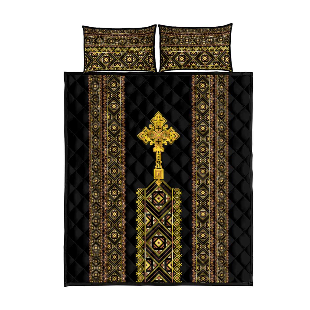 Habesha Motifs Ethiopia Quilt Bed Set Tilet Black Gold LT7