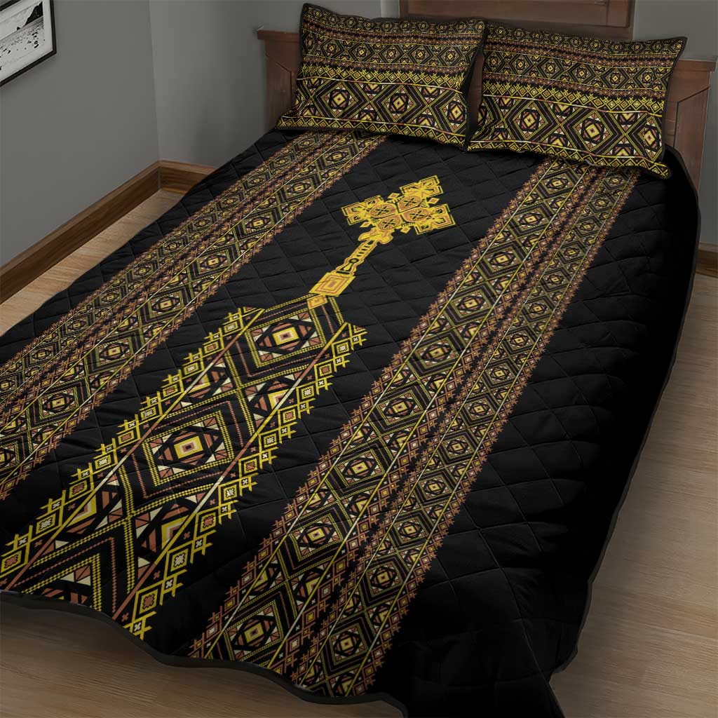 Habesha Motifs Ethiopia Quilt Bed Set Tilet Black Gold LT7