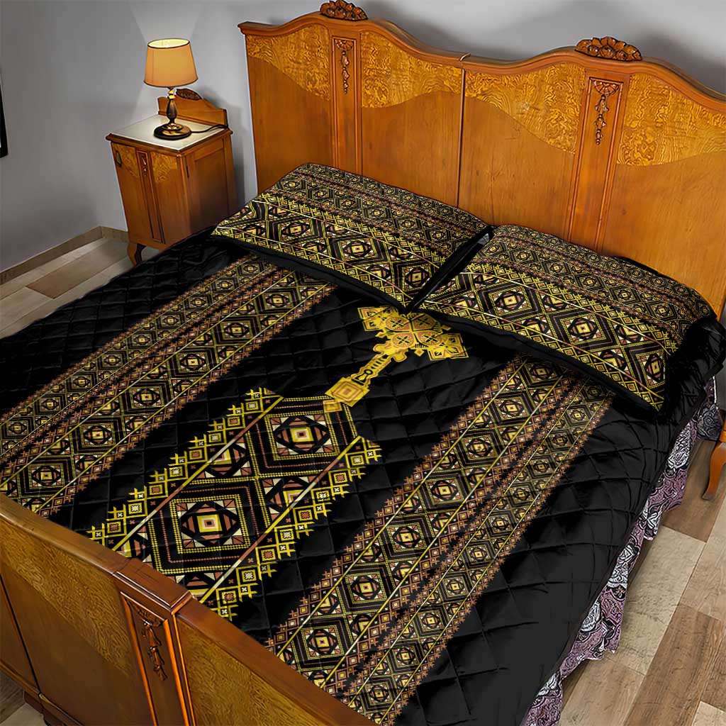 Habesha Motifs Ethiopia Quilt Bed Set Tilet Black Gold LT7