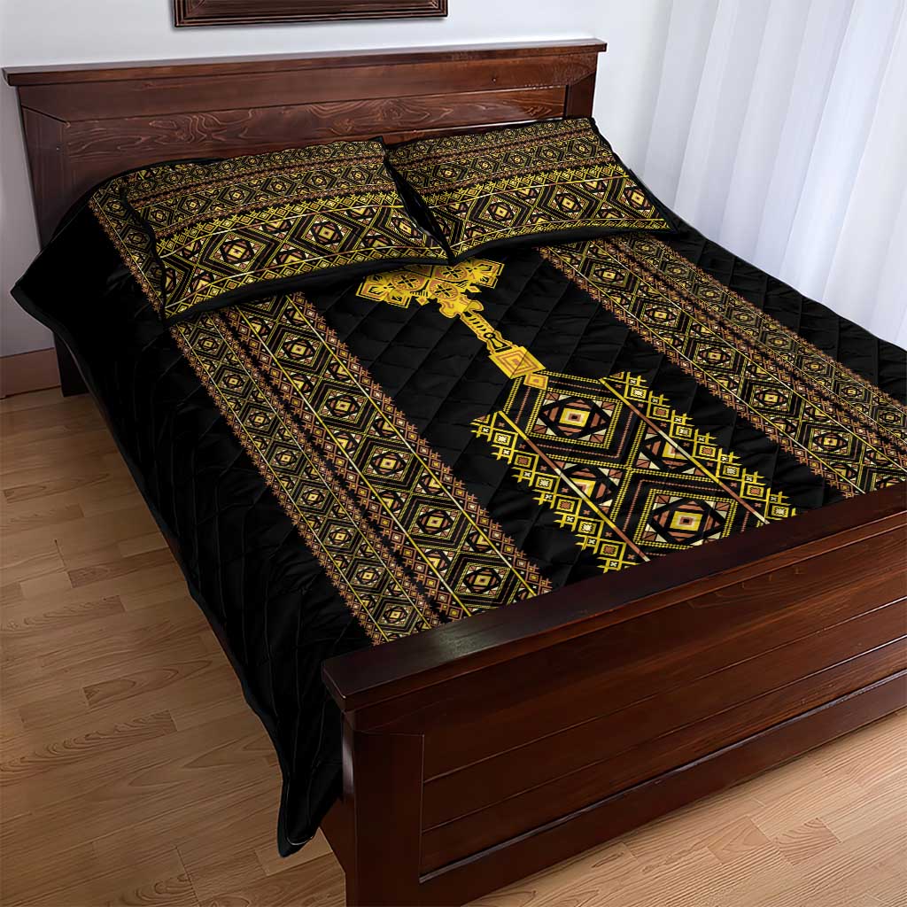 Habesha Motifs Ethiopia Quilt Bed Set Tilet Black Gold LT7