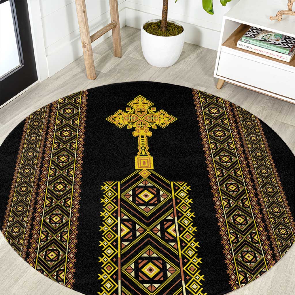 Habesha Motifs Ethiopia Round Carpet Tilet Black Gold LT7