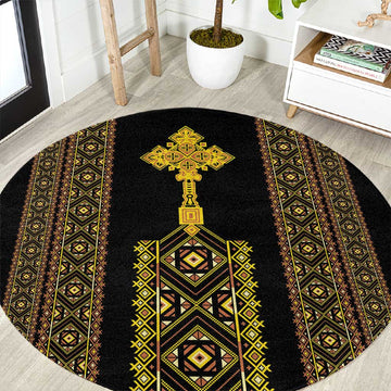 Habesha Motifs Ethiopia Round Carpet Tilet Black Gold LT7