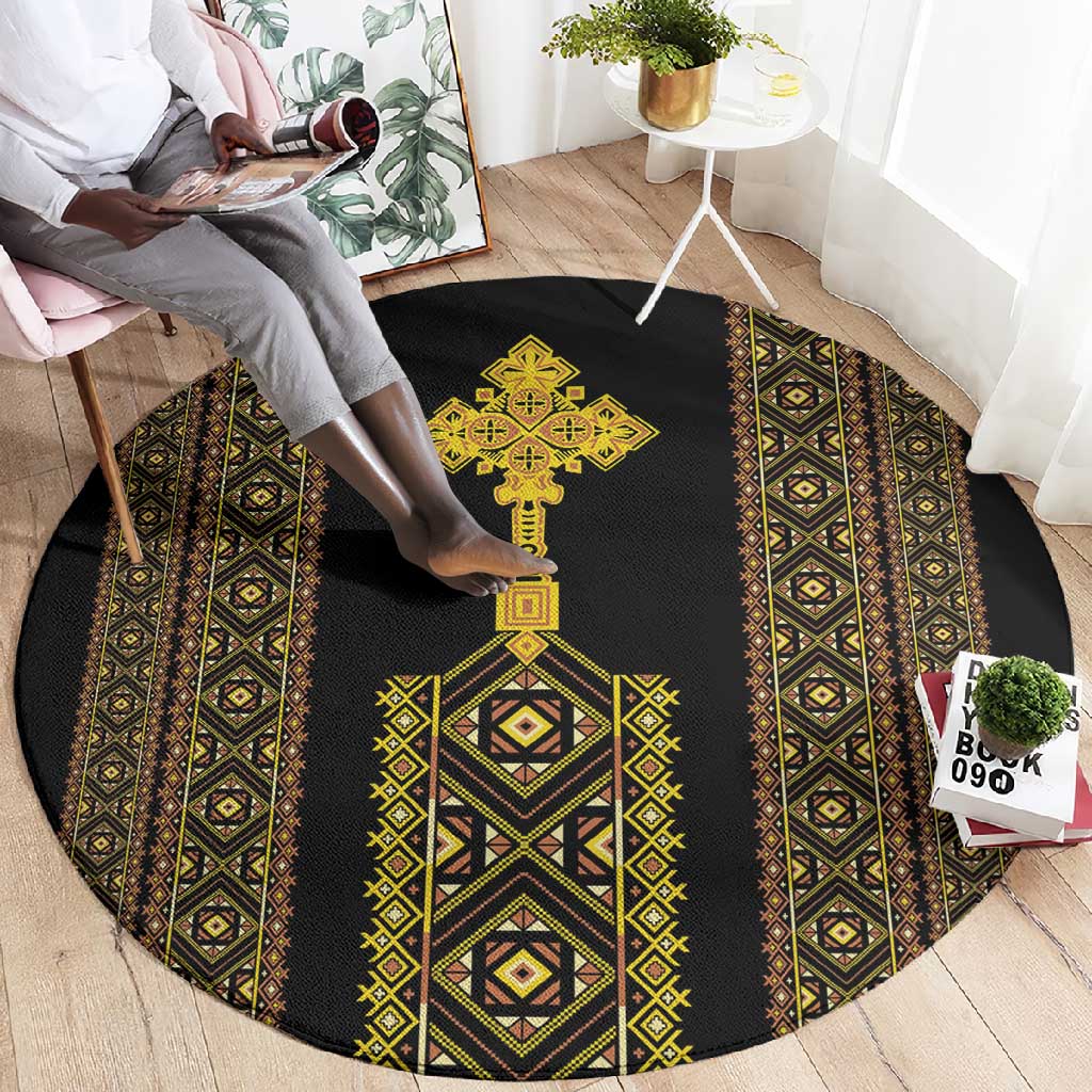 Habesha Motifs Ethiopia Round Carpet Tilet Black Gold LT7