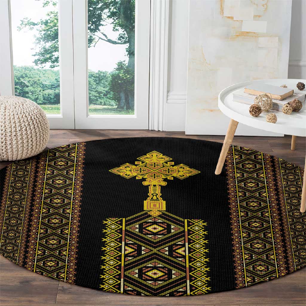 Habesha Motifs Ethiopia Round Carpet Tilet Black Gold LT7