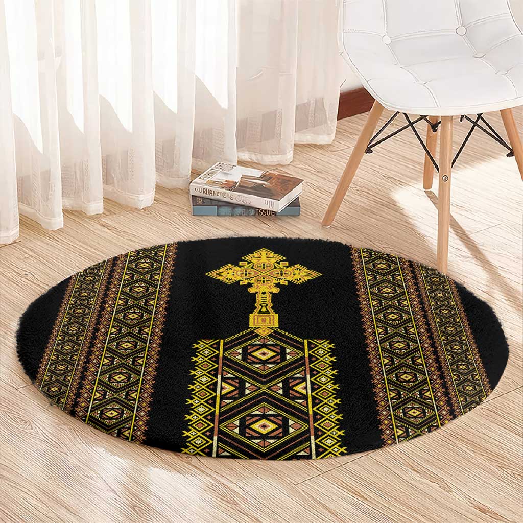 Habesha Motifs Ethiopia Round Carpet Tilet Black Gold LT7