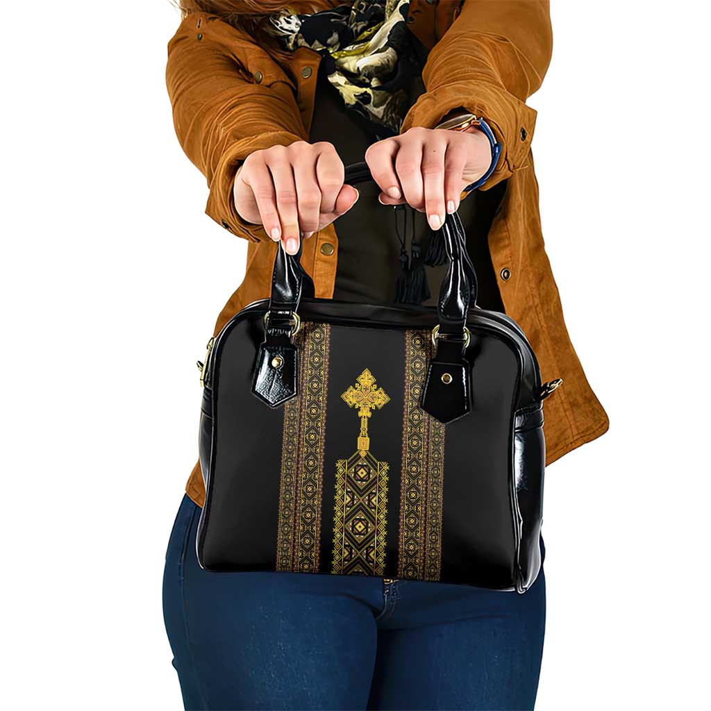 Habesha Motifs Ethiopia Shoulder Handbag Tilet Black Gold LT7