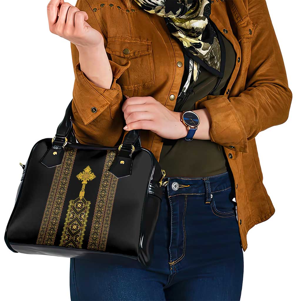 Habesha Motifs Ethiopia Shoulder Handbag Tilet Black Gold LT7