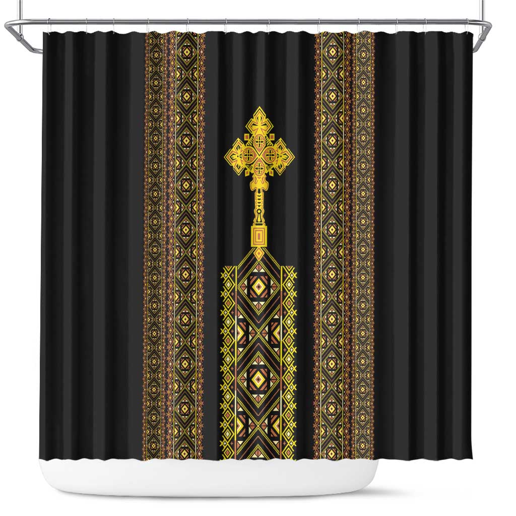 Habesha Motifs Ethiopia Shower Curtain Tilet Black Gold LT7