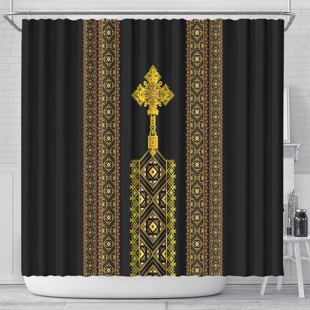 Habesha Motifs Ethiopia Shower Curtain Tilet Black Gold LT7