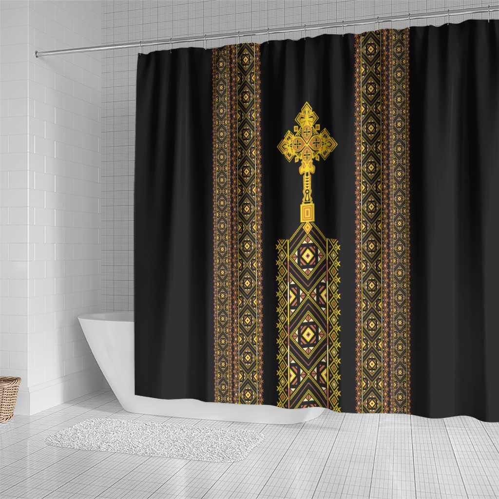Habesha Motifs Ethiopia Shower Curtain Tilet Black Gold LT7
