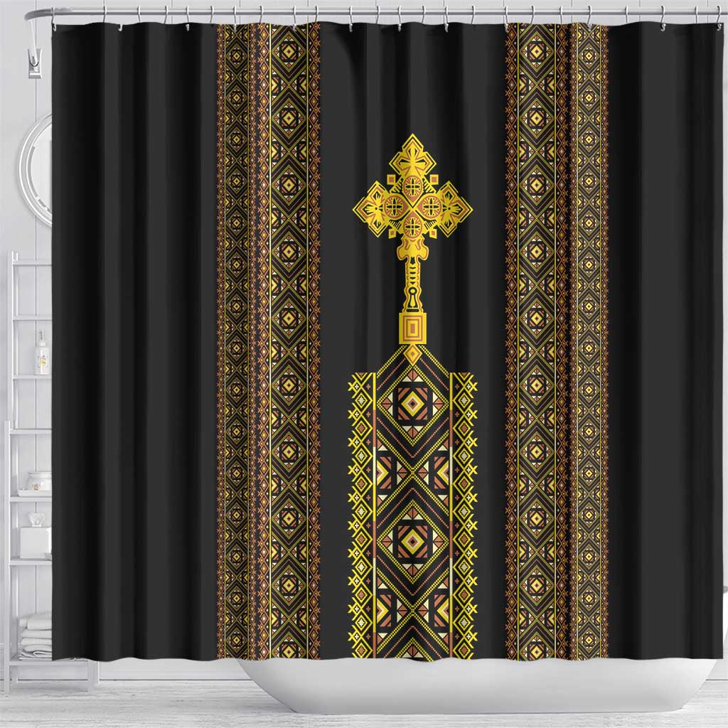 Habesha Motifs Ethiopia Shower Curtain Tilet Black Gold LT7