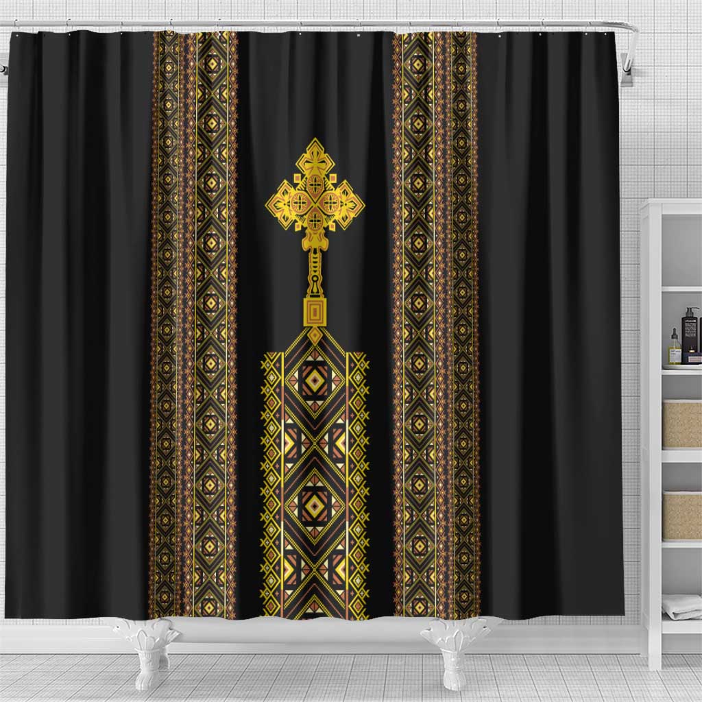 Habesha Motifs Ethiopia Shower Curtain Tilet Black Gold LT7