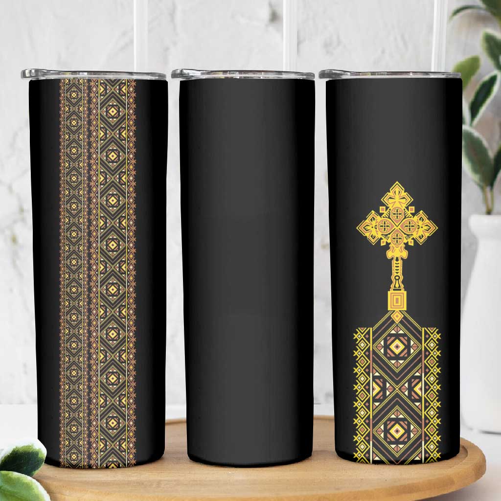 Habesha Motifs Ethiopia Skinny Tumbler Tilet Black Gold LT7