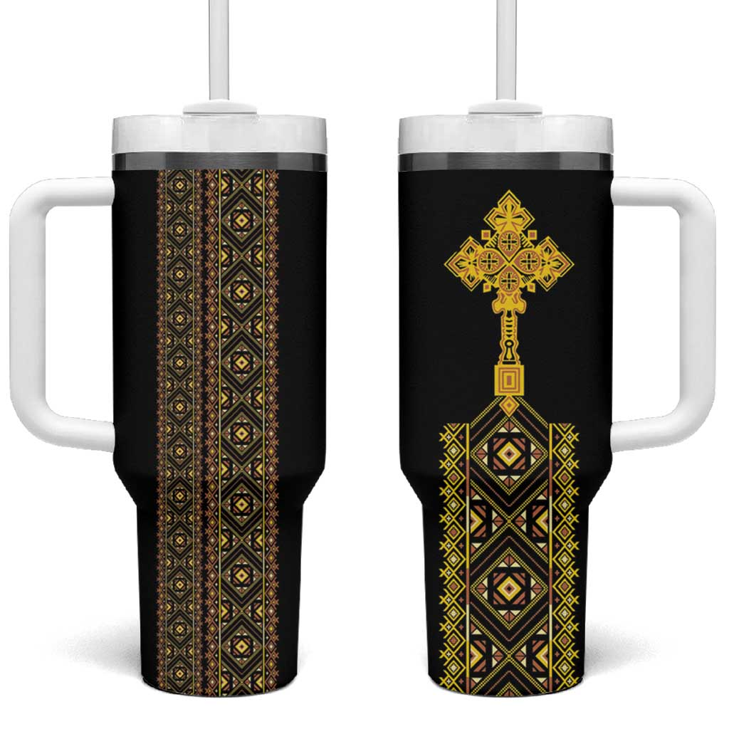 Habesha Motifs Ethiopia Tumbler With Handle Tilet Black Gold LT7