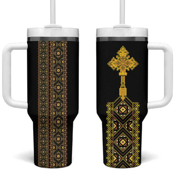 Habesha Motifs Ethiopia Tumbler With Handle Tilet Black Gold LT7