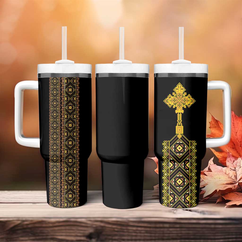 Habesha Motifs Ethiopia Tumbler With Handle Tilet Black Gold LT7