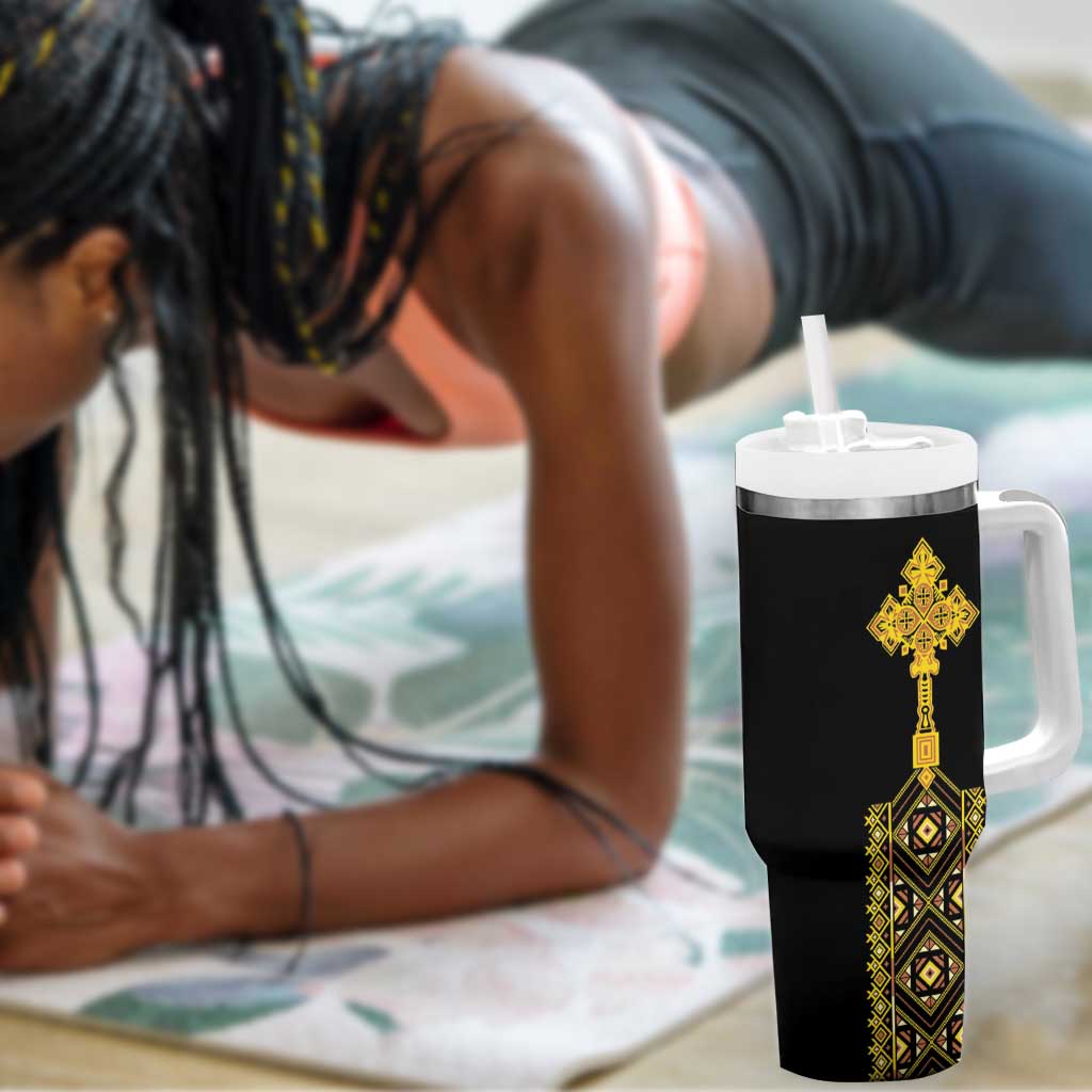 Habesha Motifs Ethiopia Tumbler With Handle Tilet Black Gold LT7