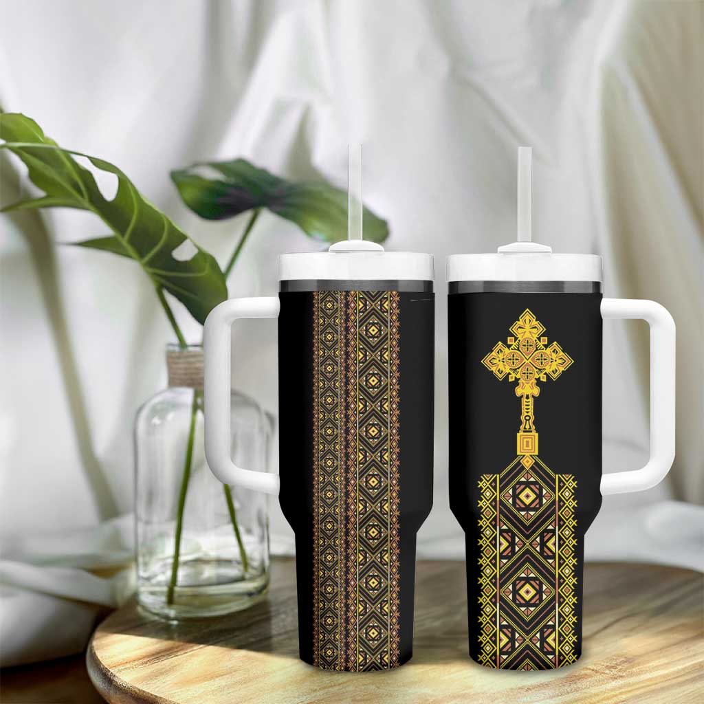 Habesha Motifs Ethiopia Tumbler With Handle Tilet Black Gold LT7