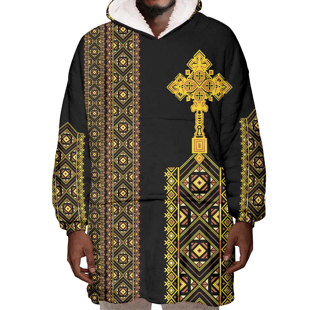 Habesha Motifs Ethiopia Wearable Blanket Hoodie Tilet Black Gold LT7