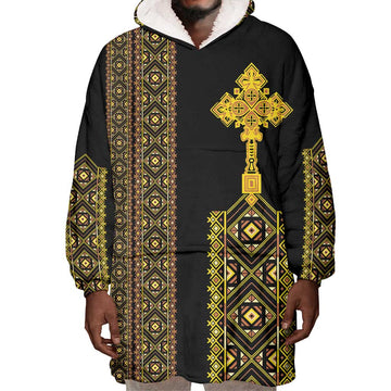 Habesha Motifs Ethiopia Wearable Blanket Hoodie Tilet Black Gold LT7