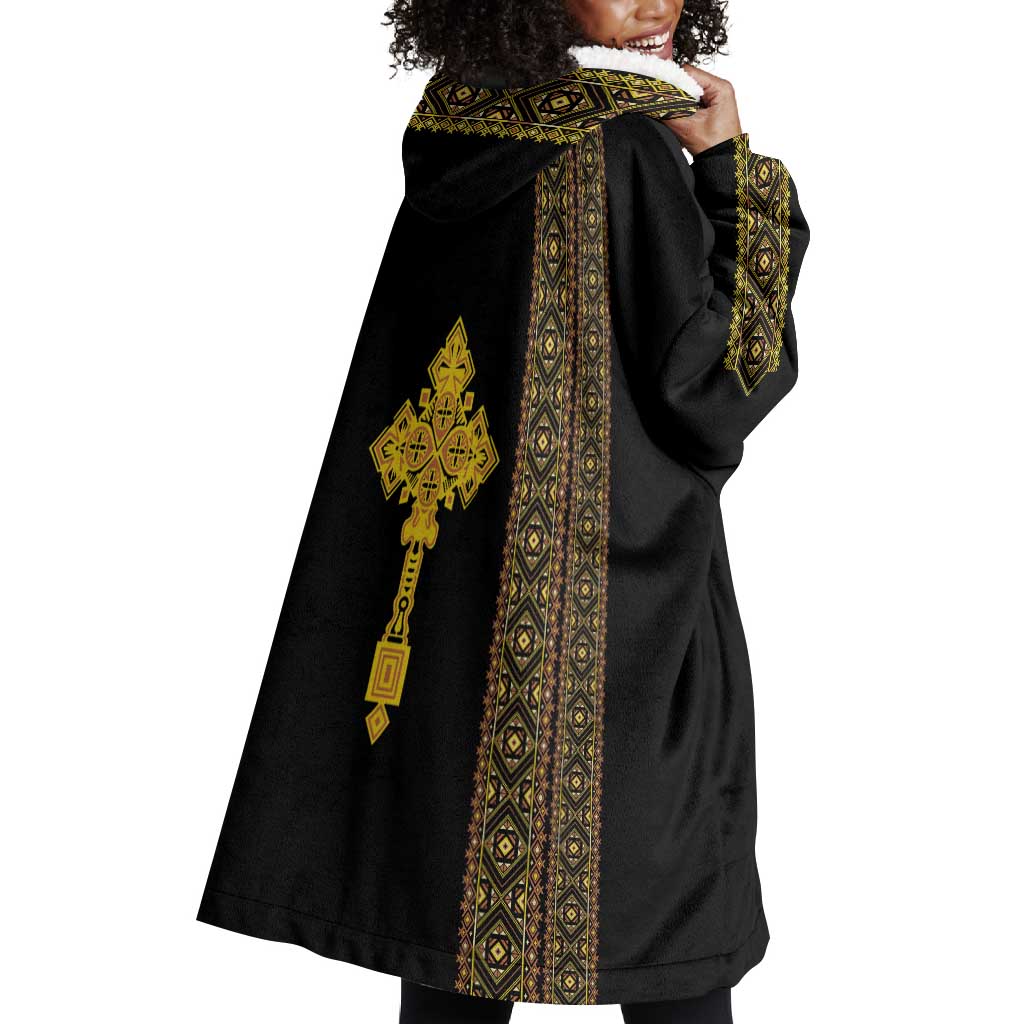Habesha Motifs Ethiopia Wearable Blanket Hoodie Tilet Black Gold LT7