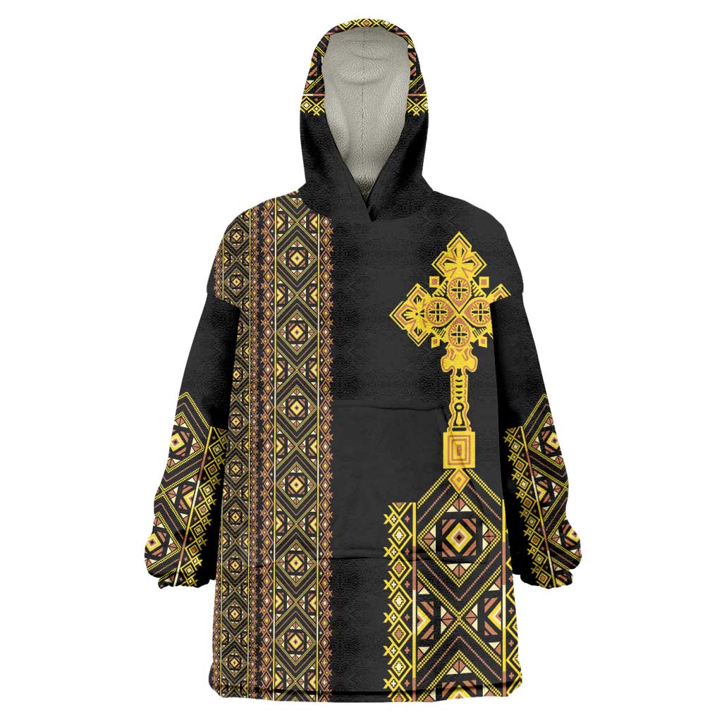 Habesha Motifs Ethiopia Wearable Blanket Hoodie Tilet Black Gold LT7
