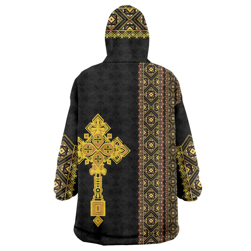 Habesha Motifs Ethiopia Wearable Blanket Hoodie Tilet Black Gold LT7