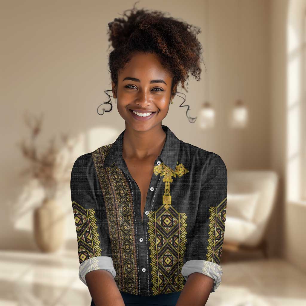 Habesha Motifs Ethiopia Women Casual Shirt Tilet Black Gold LT7