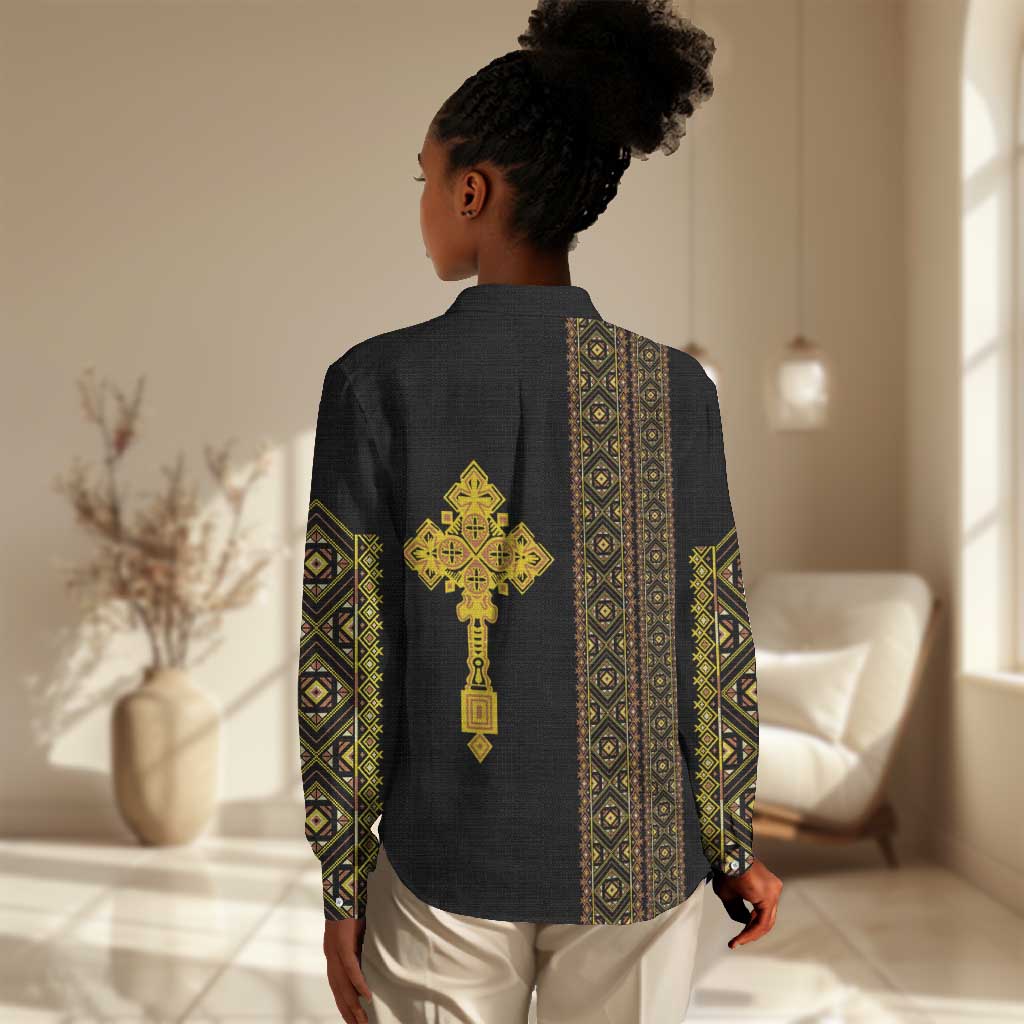 Habesha Motifs Ethiopia Women Casual Shirt Tilet Black Gold LT7