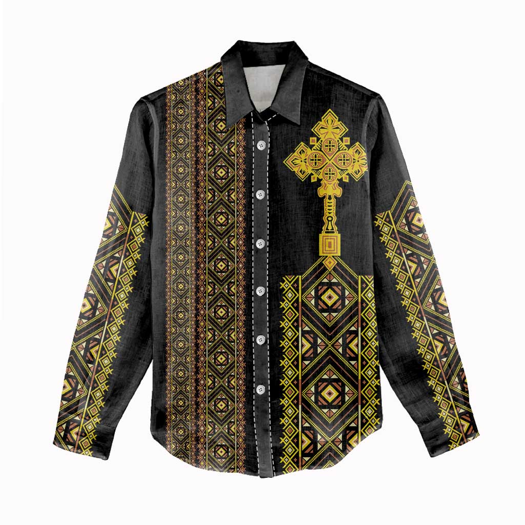 Habesha Motifs Ethiopia Women Casual Shirt Tilet Black Gold LT7