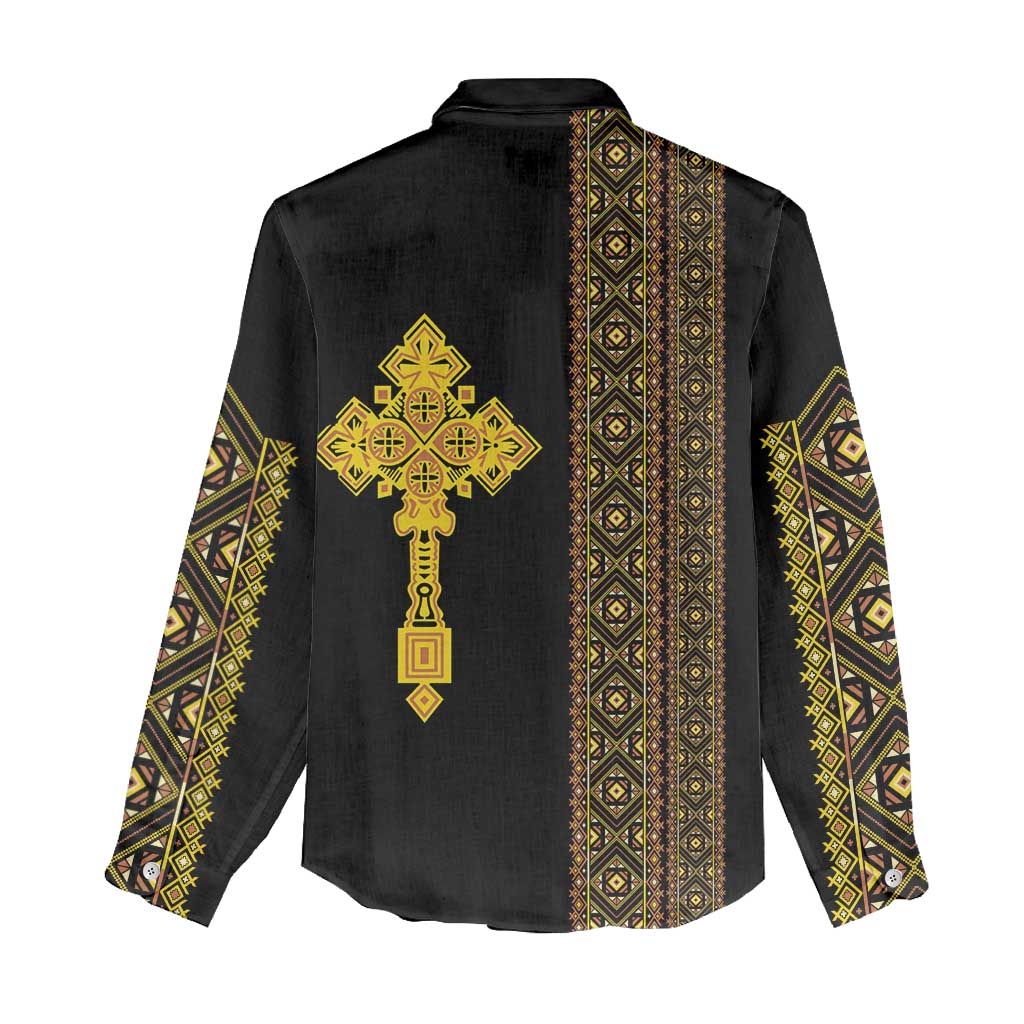 Habesha Motifs Ethiopia Women Casual Shirt Tilet Black Gold LT7