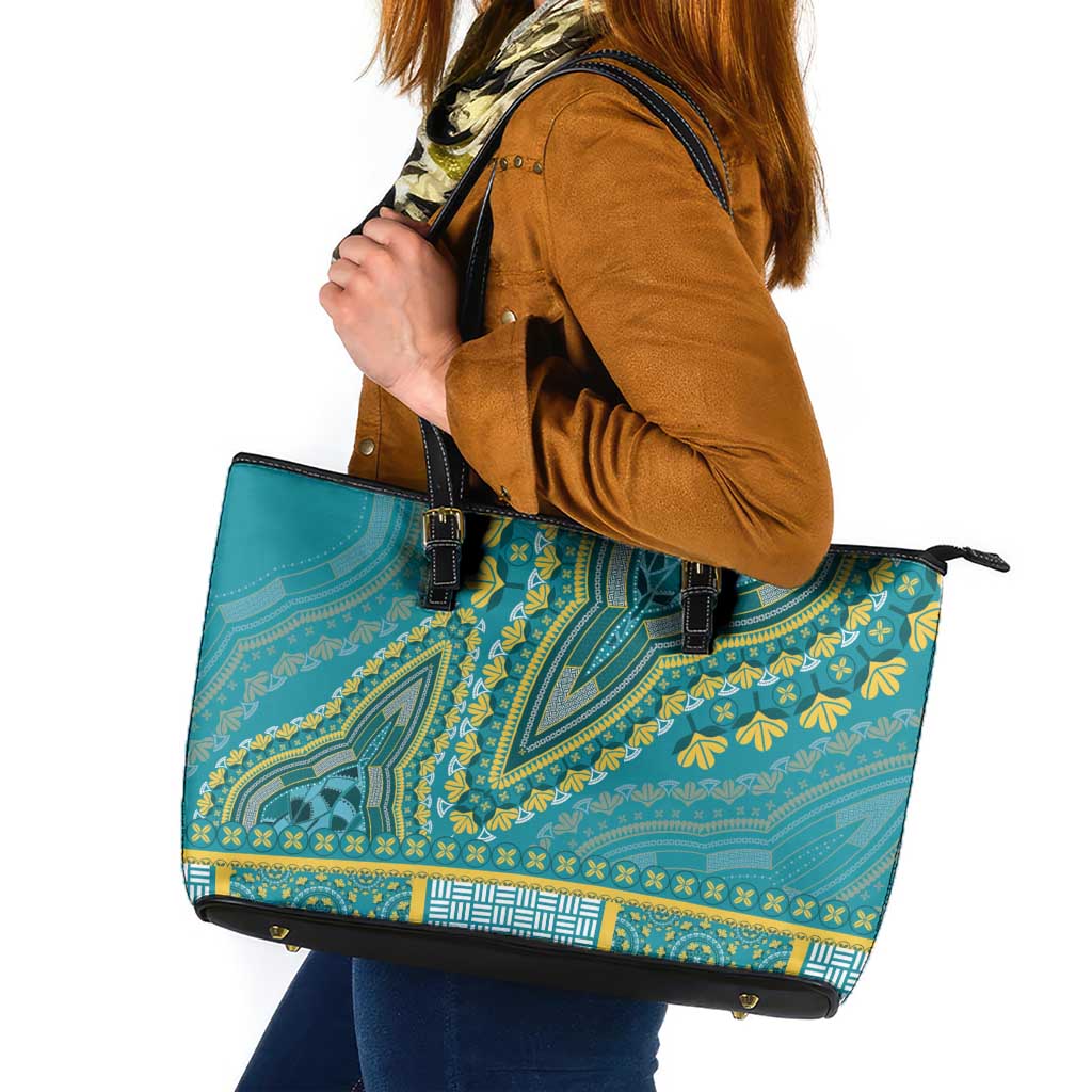 African Dashiki Leather Tote Bag Luxury Teal LT7