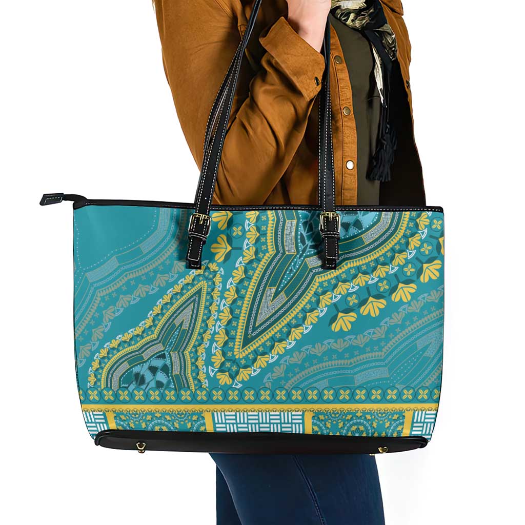 African Dashiki Leather Tote Bag Luxury Teal LT7
