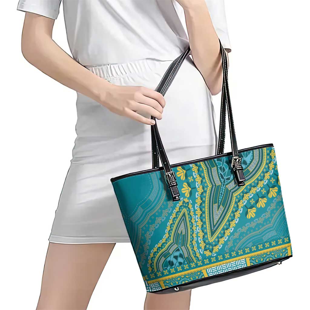 African Dashiki Leather Tote Bag Luxury Teal LT7