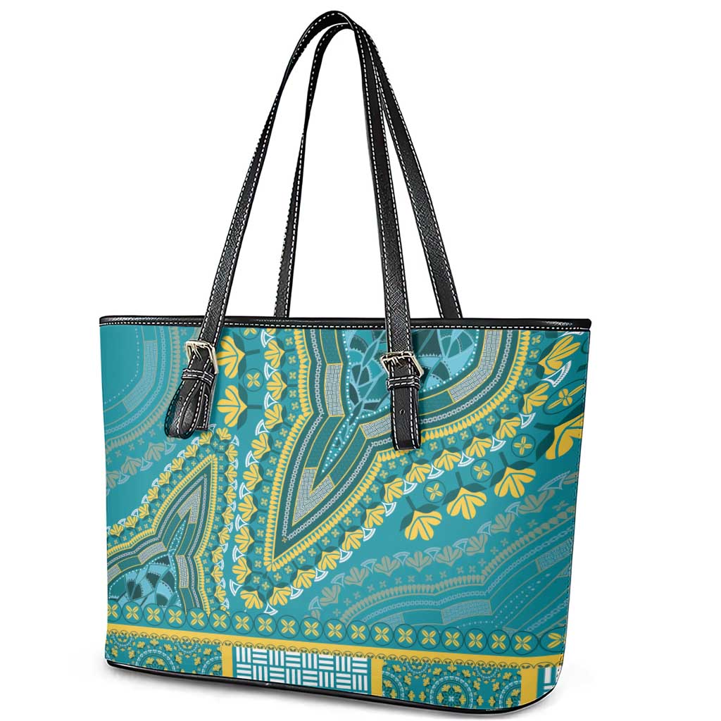 African Dashiki Leather Tote Bag Luxury Teal LT7