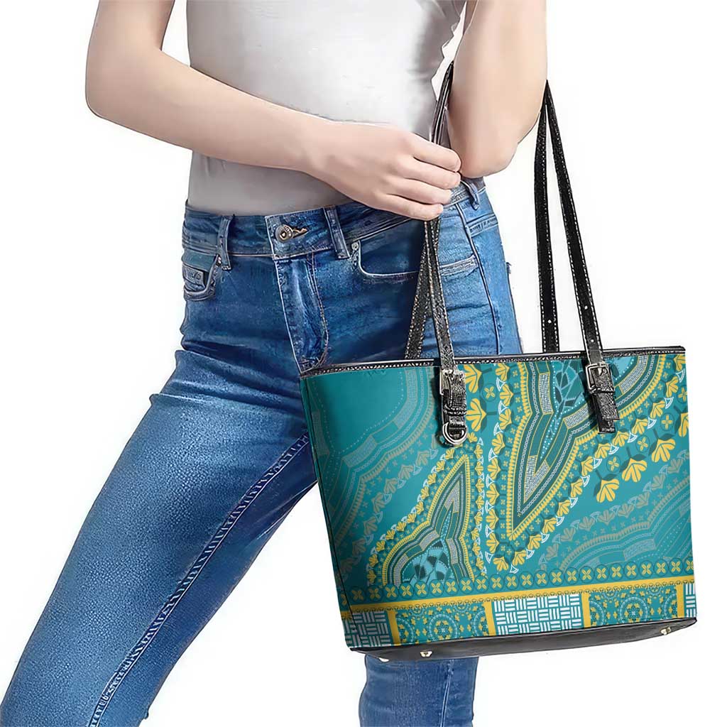 African Dashiki Leather Tote Bag Luxury Teal LT7